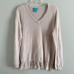 Two Bees Cashmere Beige Boho pullover V-neck sweater fringe details size LARGE